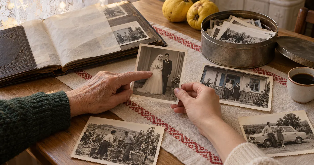 Two people looking at a wedding photograph beside an open album and old family photographs