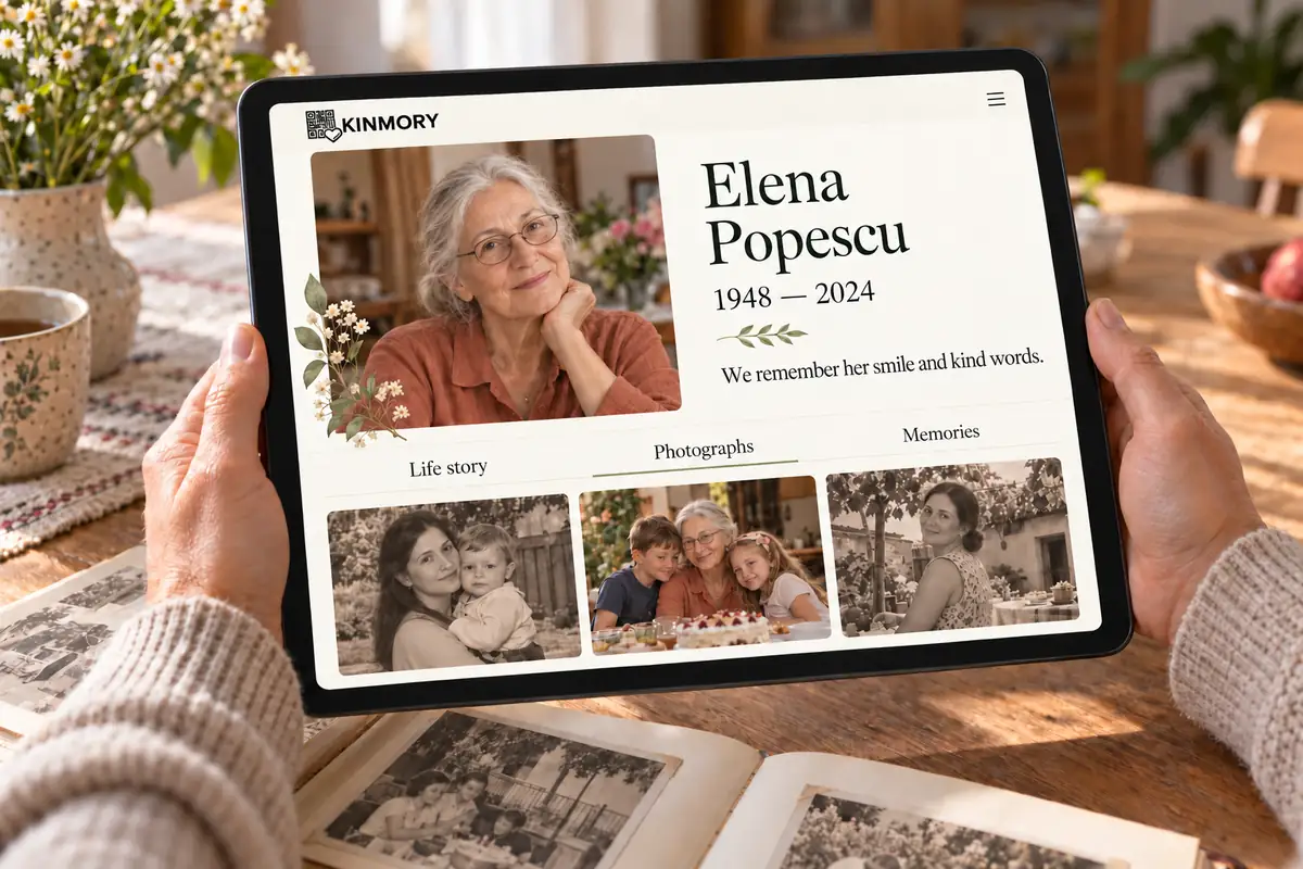 A tablet showing Elena Popescu's memorial page with a portrait and family photographs, held above an open album