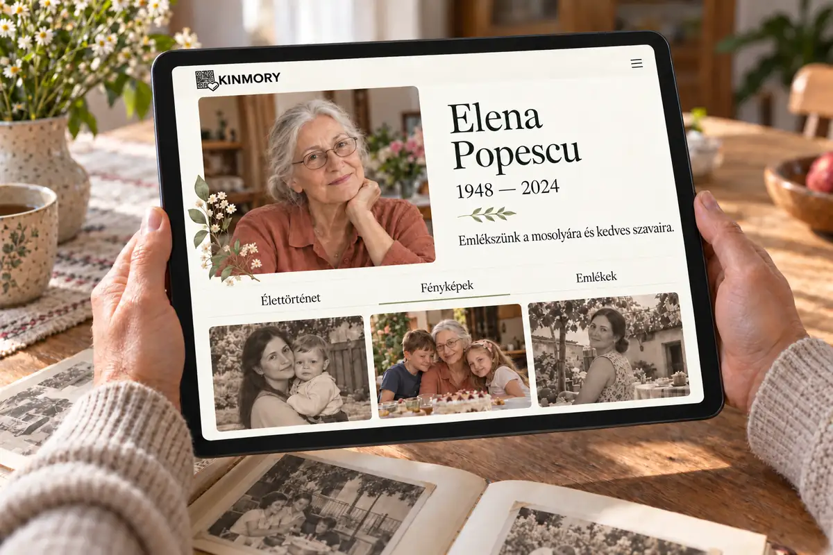 Nyitott album fölött tartott táblagép Elena Popescu emlékoldalával, portréjával és családi fényképekkel