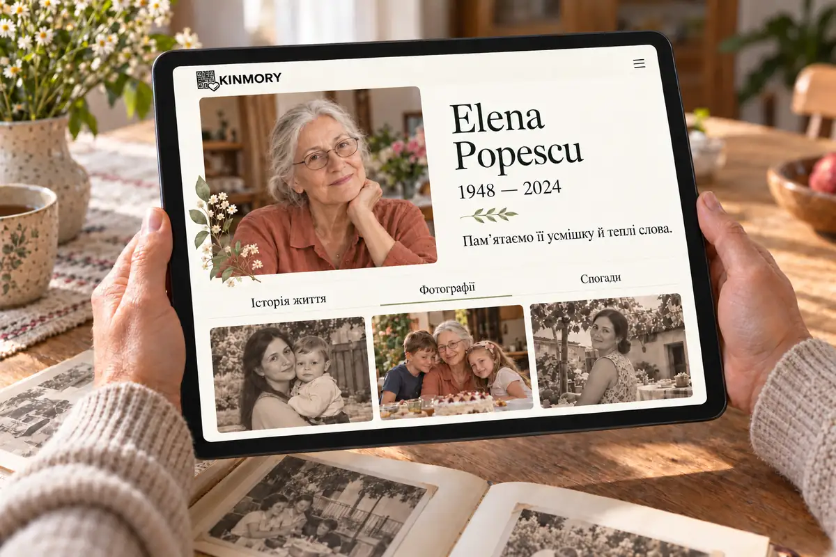 Планшет зі сторінкою памʼяті Elena Popescu, портретом і родинними фотографіями в руках над відкритим альбомом