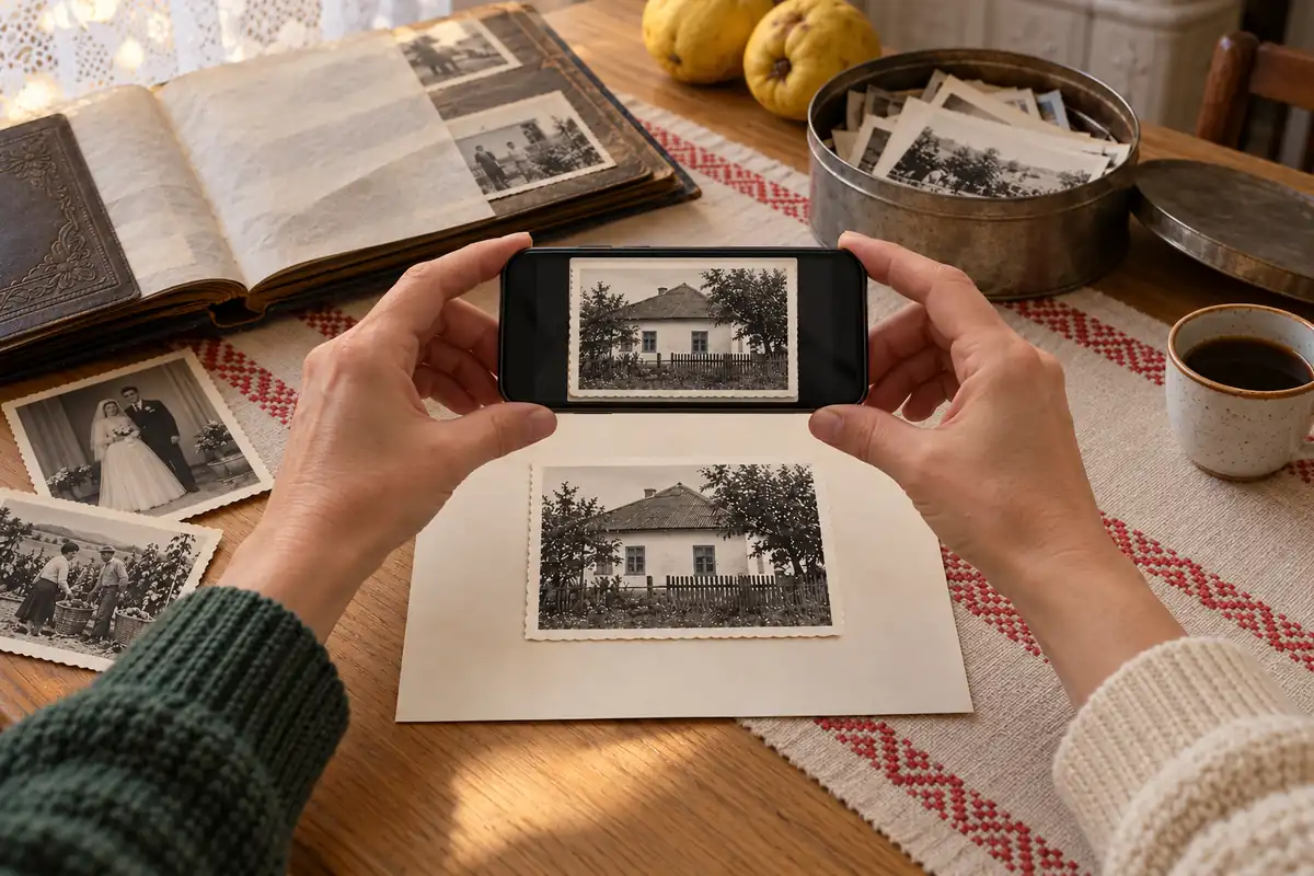 Hands holding a phone parallel above an old photograph of a house, with the same picture on the screen